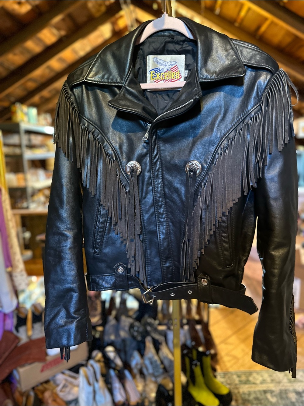 Excelled Black Leather Fringe Motorcycle Jacket